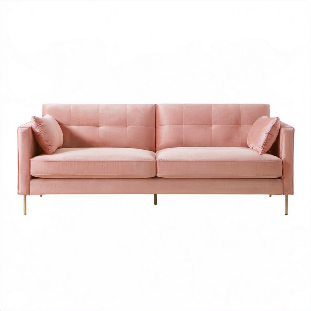 Dwuosobowa sofa różowa z aksamitu poliestrowego, złote nogi, 2 poduszki, 200 x 86 x 84 cm