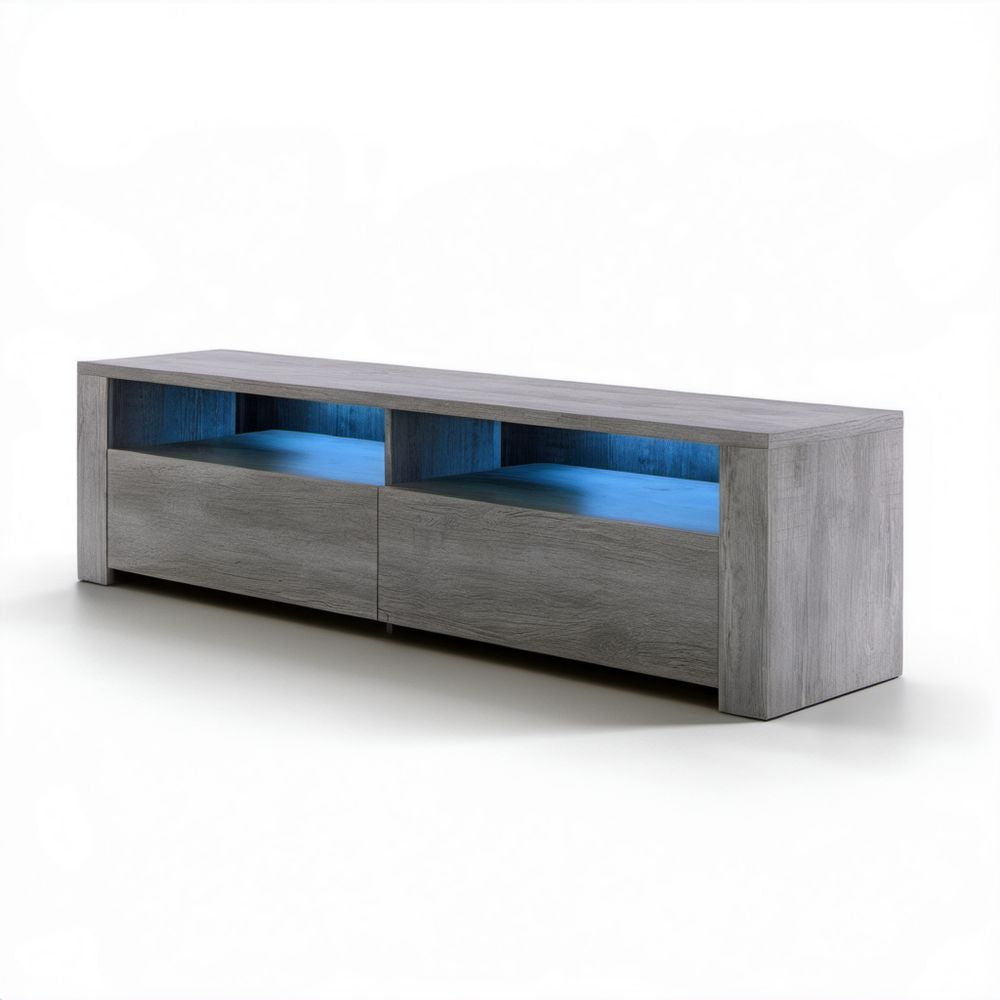 Szara szafka RTV z laminowanej płyty wiórowej 160 x 40 x 50 cm z oświetleniem LED