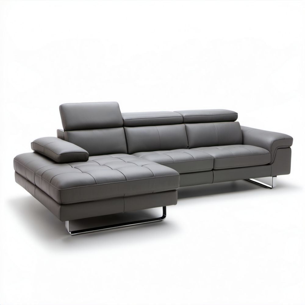 Szara sofa narożna z tapicerką PU, lewostronnym szezlongiem i regulowanymi zagłówkami, 280 × 170 × 98 cm