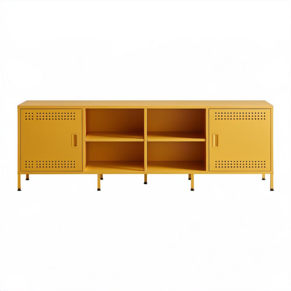 Musztardowa metalowa szafka RTV 160 × 40 × 65 cm z 2 drzwiami i 4 otwartymi wnękami
