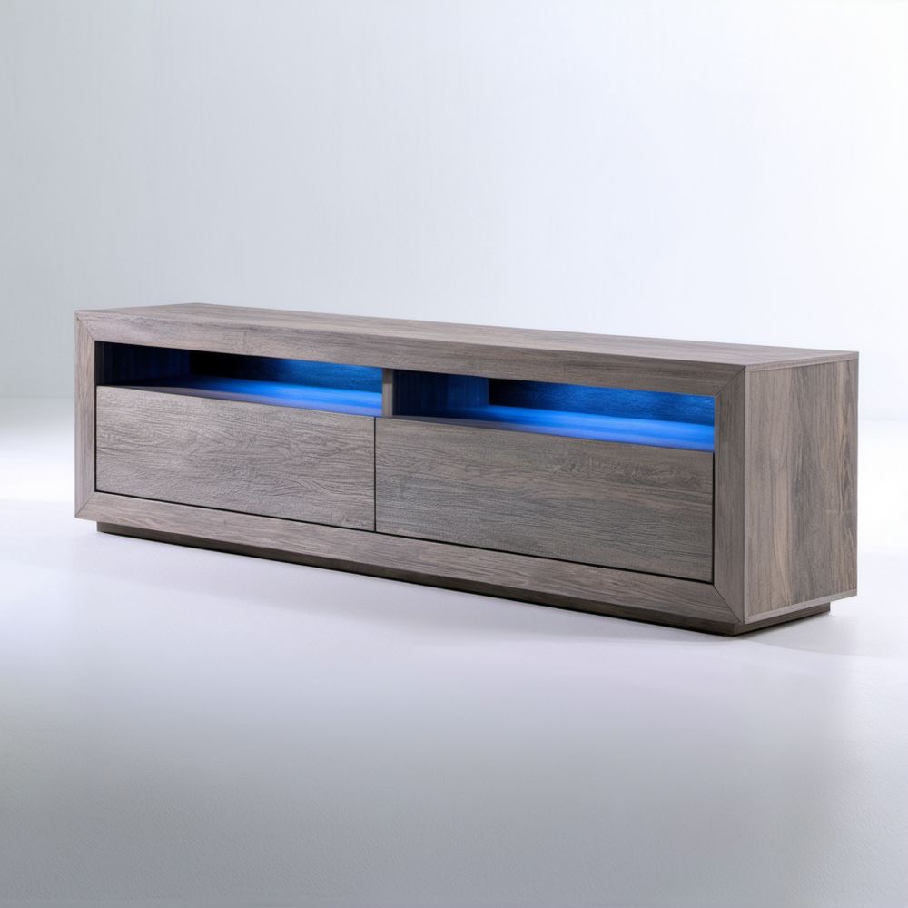 Szara szafka RTV z płyty wiórowej laminowanej 160 × 40 × 45 cm z niebieskim oświetleniem LED