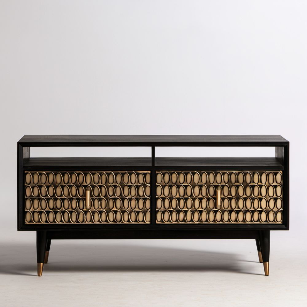 Szafka RTV z laminowanej płyty MDF, czarna ze złotymi frontami, 160 x 40 x 75 cm