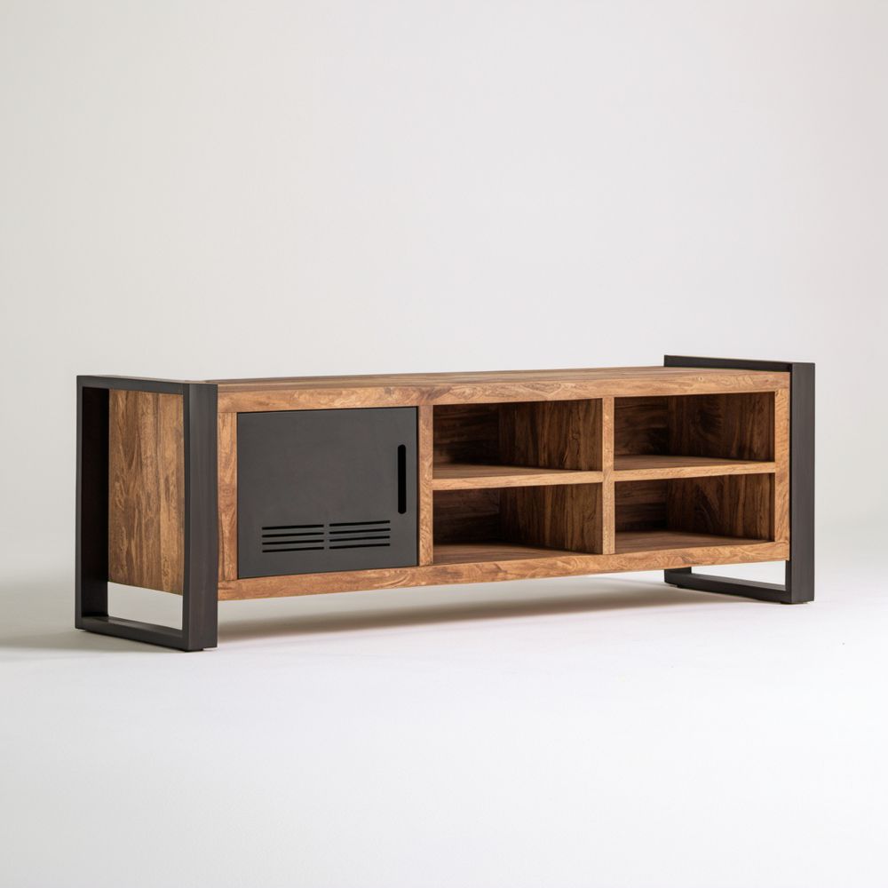 Szafka RTV z litego drewna mango i stali, orzechowo-czarna, 160 x 40 x 55 cm