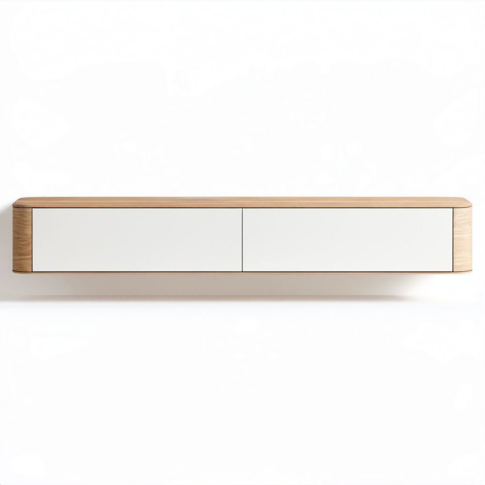 Wisząca szafka RTV biała z drewnianym wykończeniem 180 × 40 × 30 cm