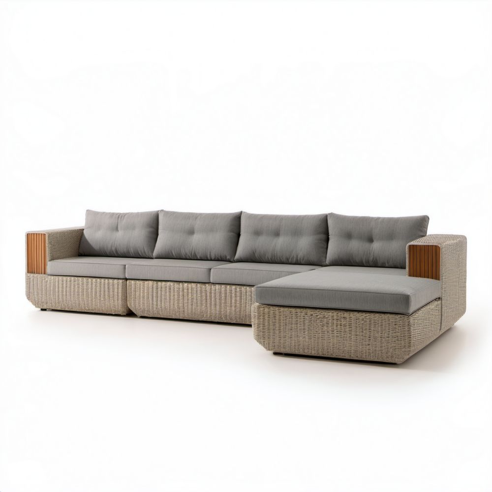 4-osobowa narożna sofa ogrodowa z prawostronną leżanką, technorattan i aluminium, szara/beżowa/brązowa, 300 x 165 x 75 cm
