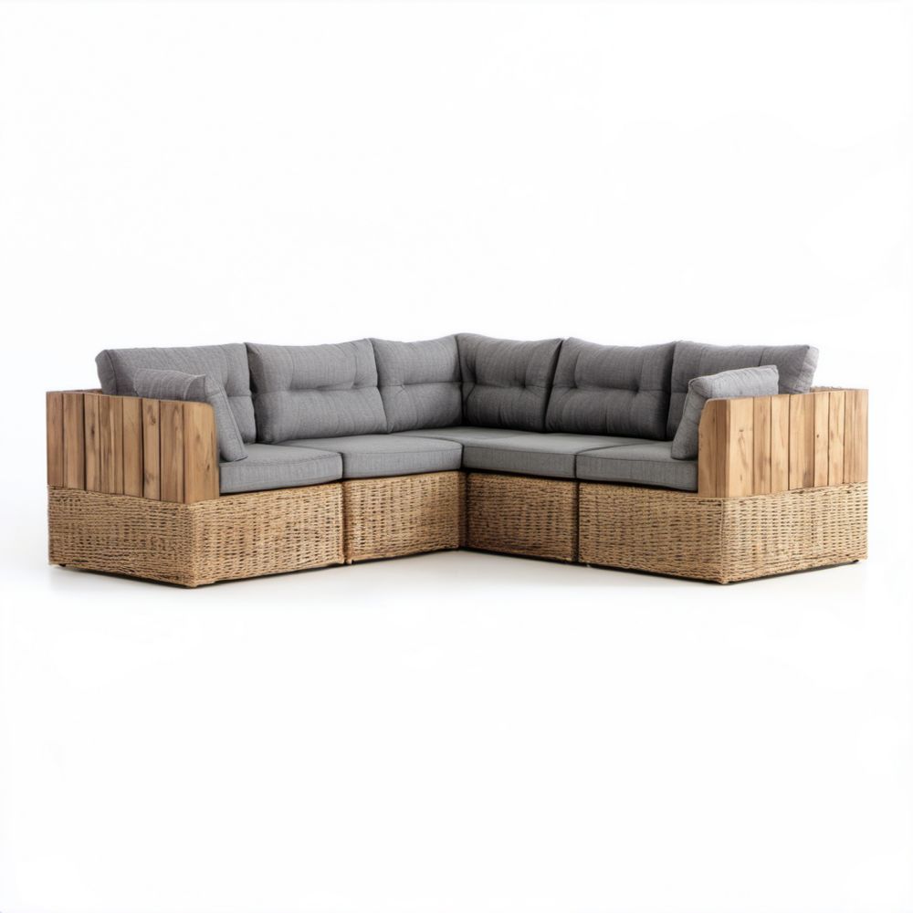 5-osobowa narożna sofa ogrodowa z technorattanu PE i drewna akacjowego, szara, 300 x 230 x 85 cm