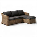 Narożna sofa ogrodowa z technorattanu ze szezlongiem po prawej stronie, beżowa z ciemnoszarymi poduszkami, 210 x 150 x 85 cm
