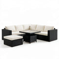 Narożny zestaw mebli ogrodowych z technorattanu czarny/kremowy, sofa modułowa L ze stolikiem i podnóżkiem 250 × 190 × 65 cm