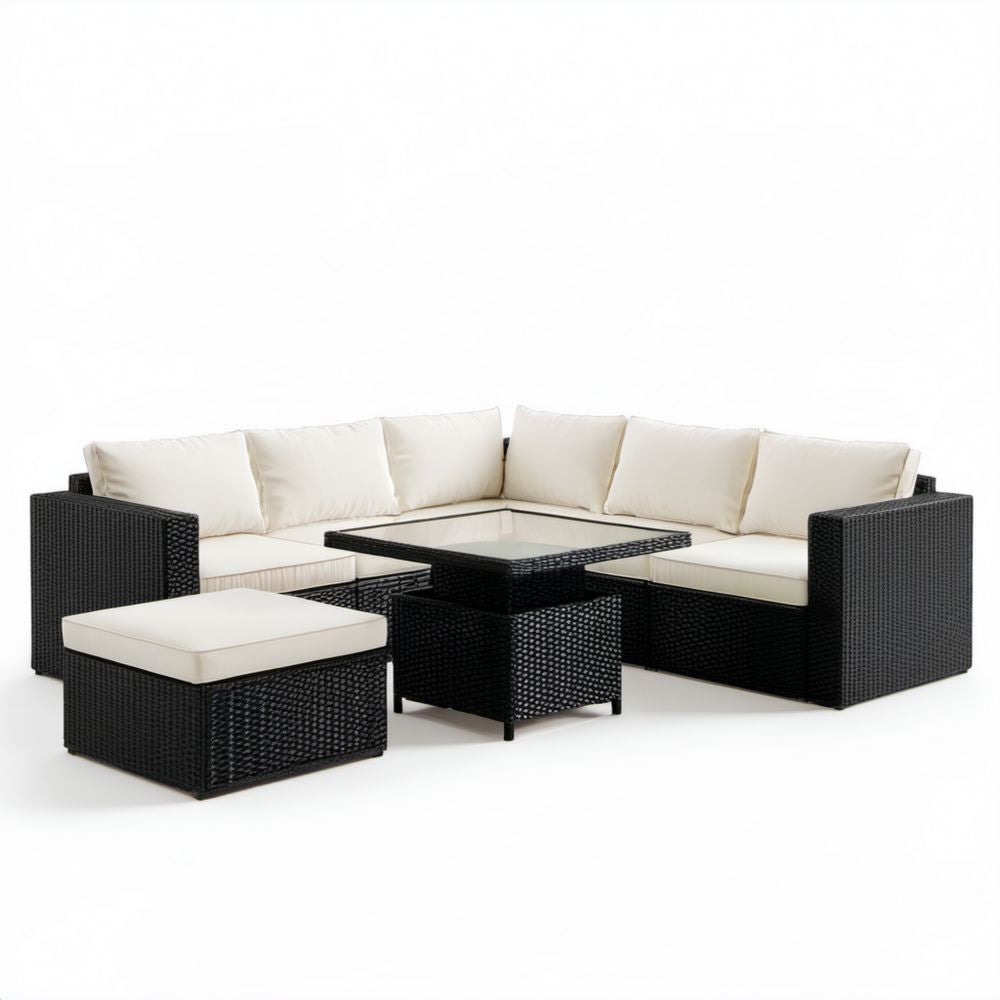 Narożny zestaw mebli ogrodowych z technorattanu czarny/kremowy, sofa modułowa L ze stolikiem i podnóżkiem 250 × 190 × 65 cm