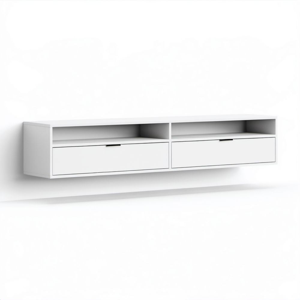 Wisząca szafka RTV biała z płyty wiórowej laminowanej 180 × 35 × 40 cm, 2 szuflady