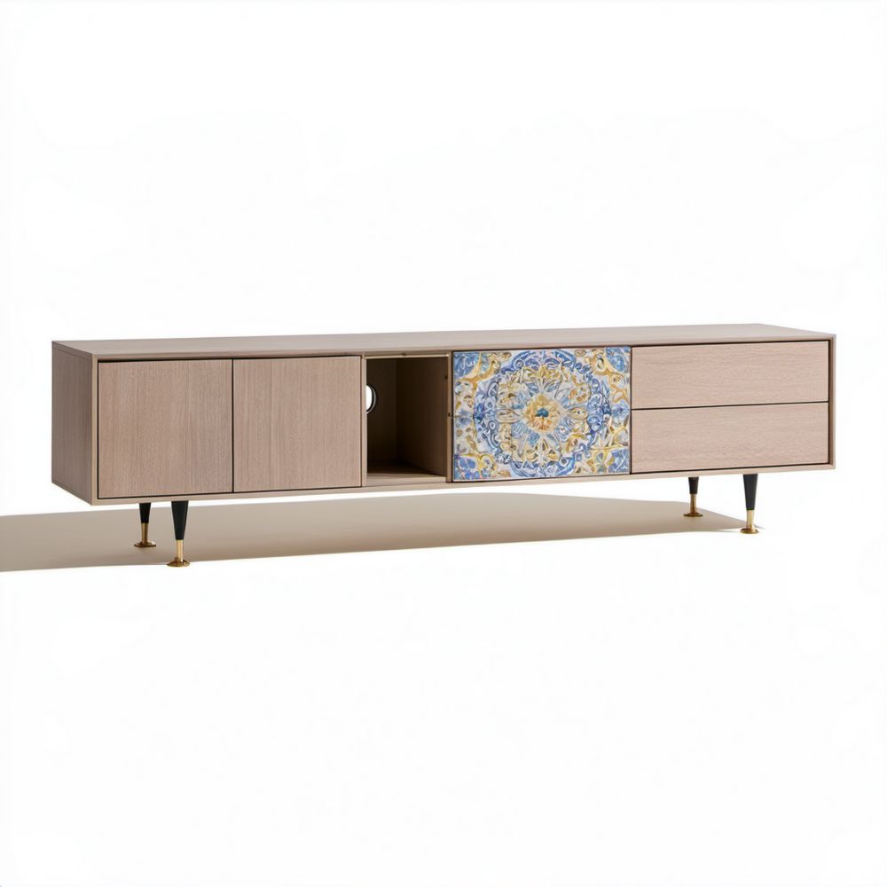 Beżowa szafka RTV z płyty MDF i ceramiki, 180 × 40 × 55 cm