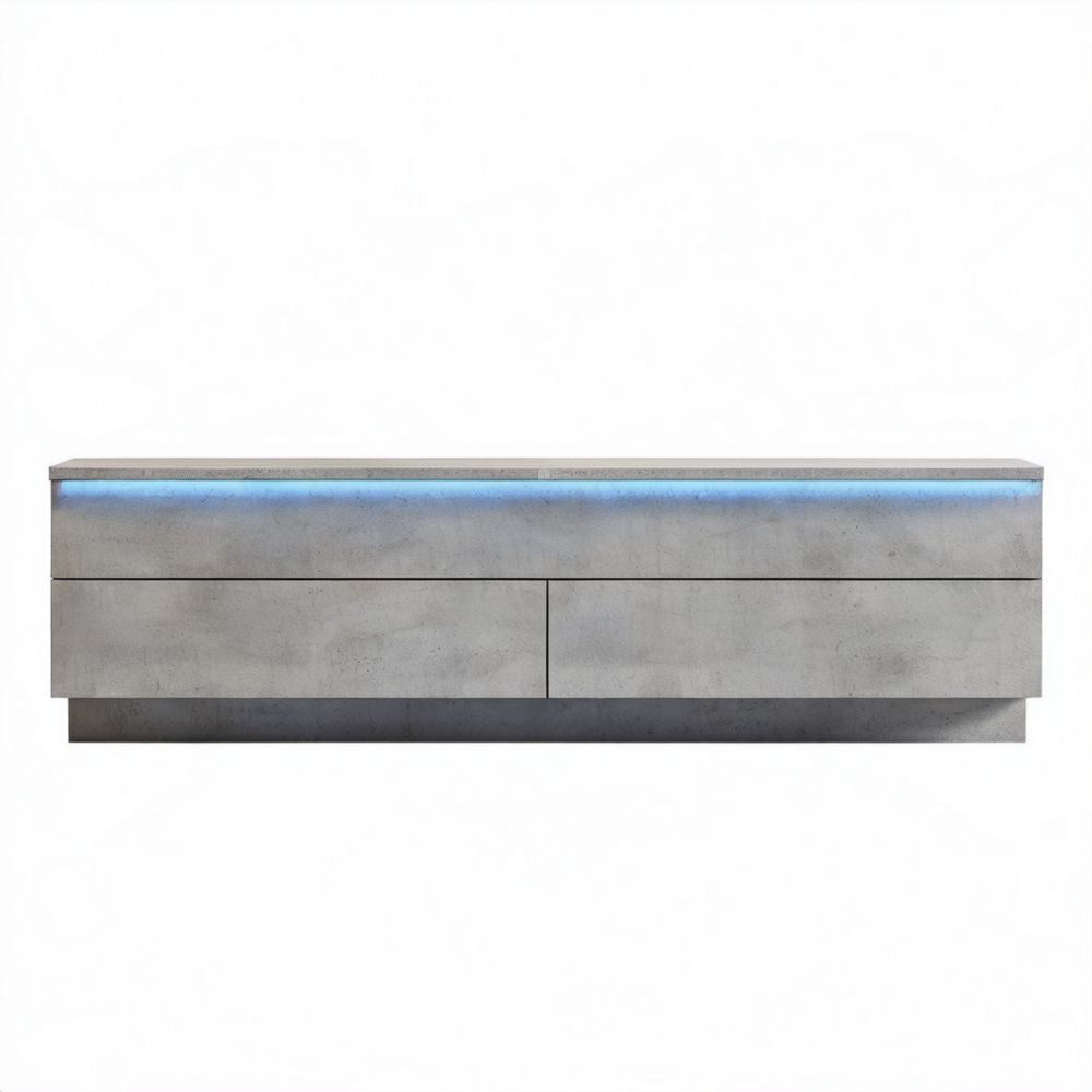 Szara szafka RTV z płyty laminowanej w dekorze betonu z niebieskim oświetleniem LED, 160 x 40 x 45 cm