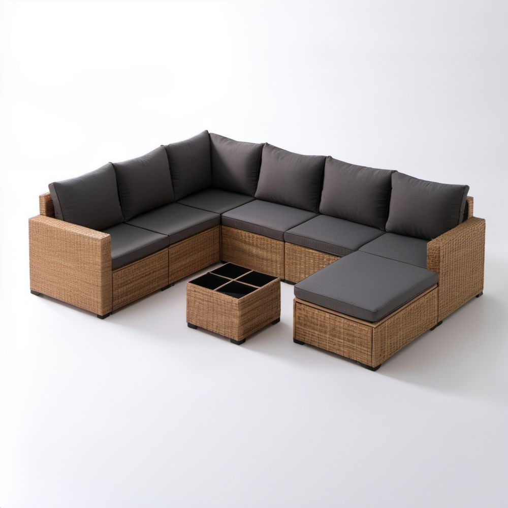 Narożna sofa ogrodowa z technorattanu brązowa, 6-częściowy zestaw z antracytowymi poduszkami, 260 x 200 x 85 cm